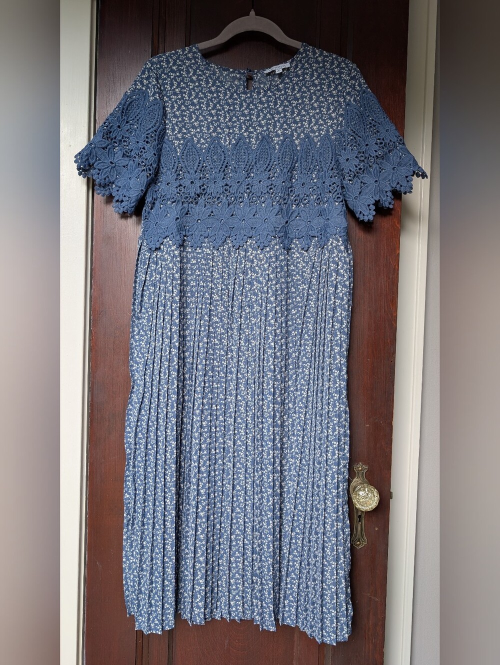 White And Blue Pleated Midi Dress